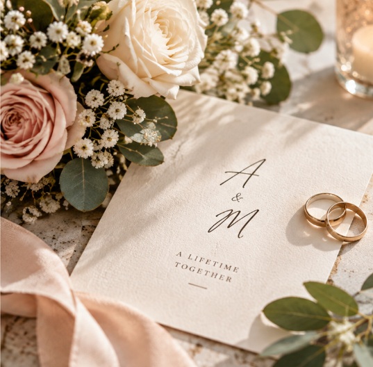 Elegant wedding floral flatlay with blush roses and gold rings