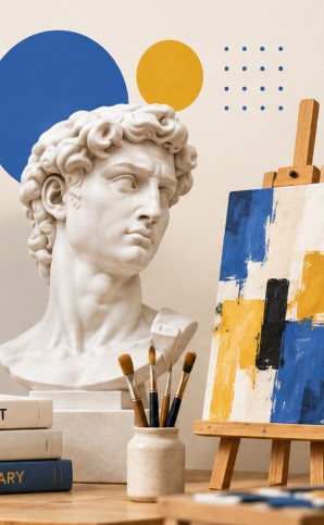 Classical David bust with paintbrushes and easel in art studio