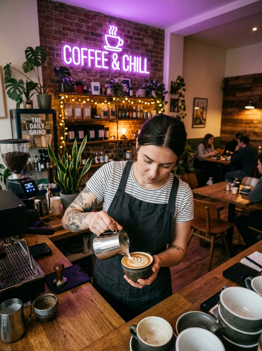 Cozy neighborhood cafe with smiling customer