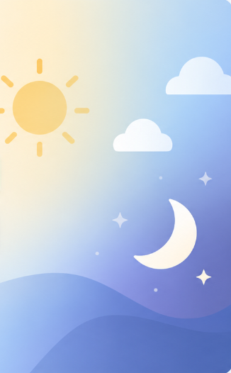 Day and night sky illustration with sun, clouds, crescent moon and stars
