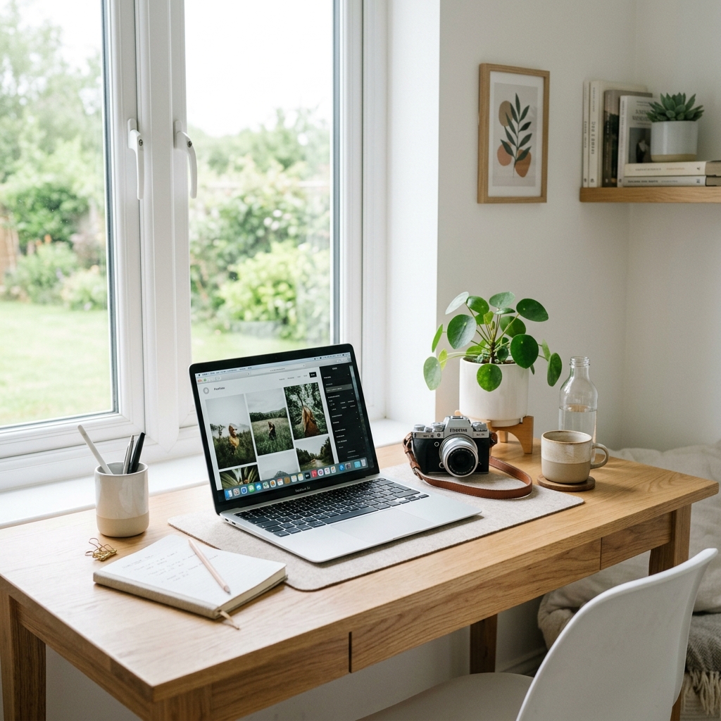 Workspace desk with laptop by window