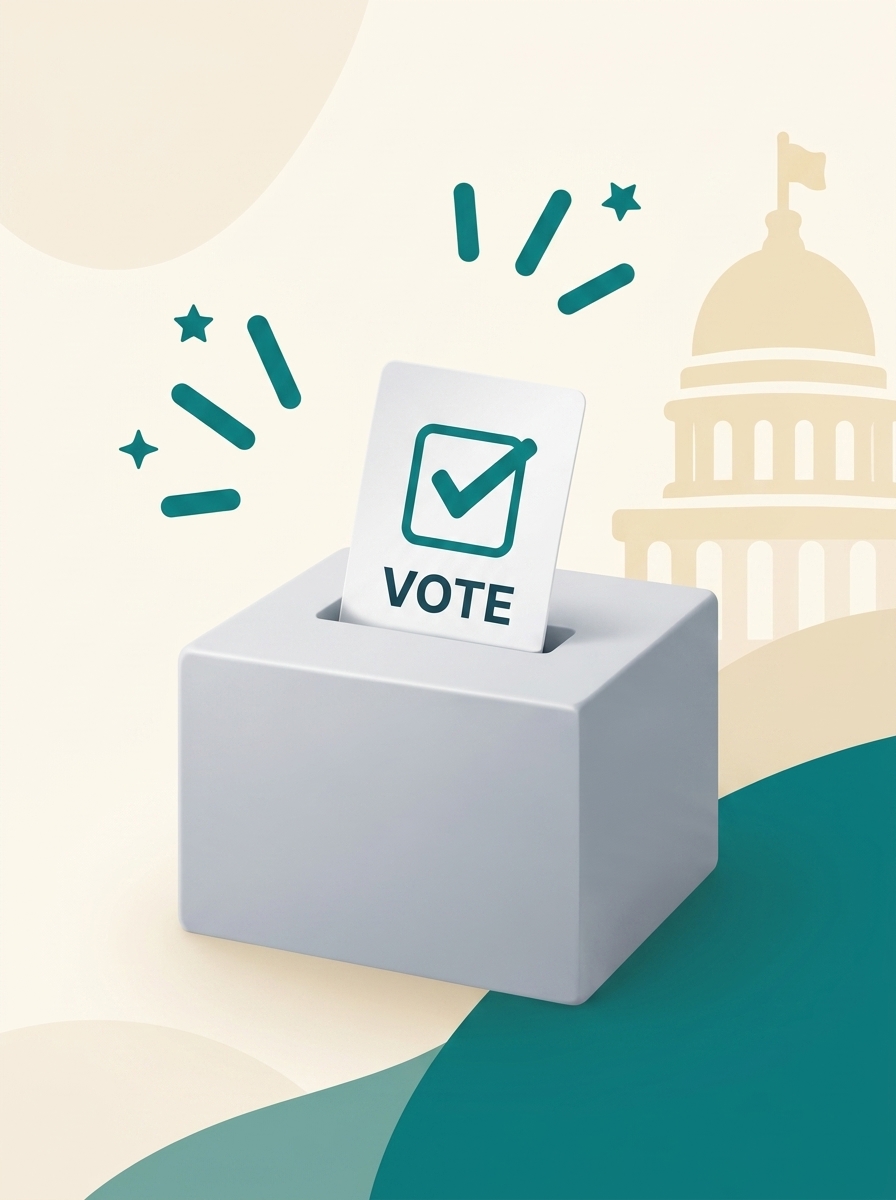3D white ballot box with vote slip and US Capitol dome silhouette