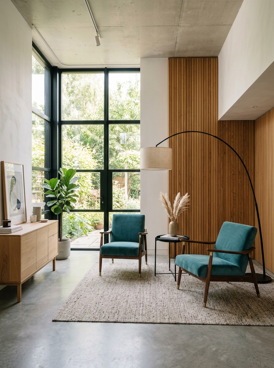 Aesthetic modern living room with teal armchairs and arched lamp