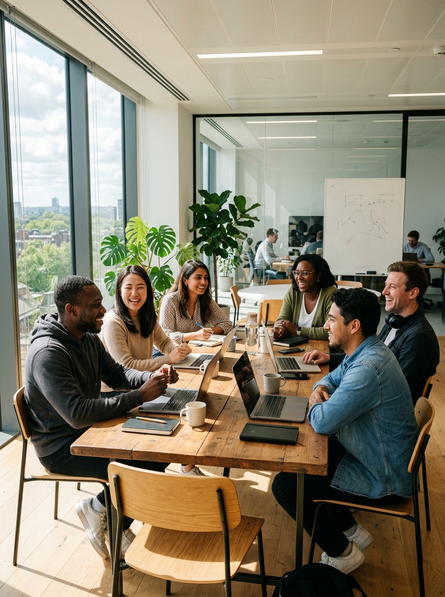 Startup team collaborating happily around conference table