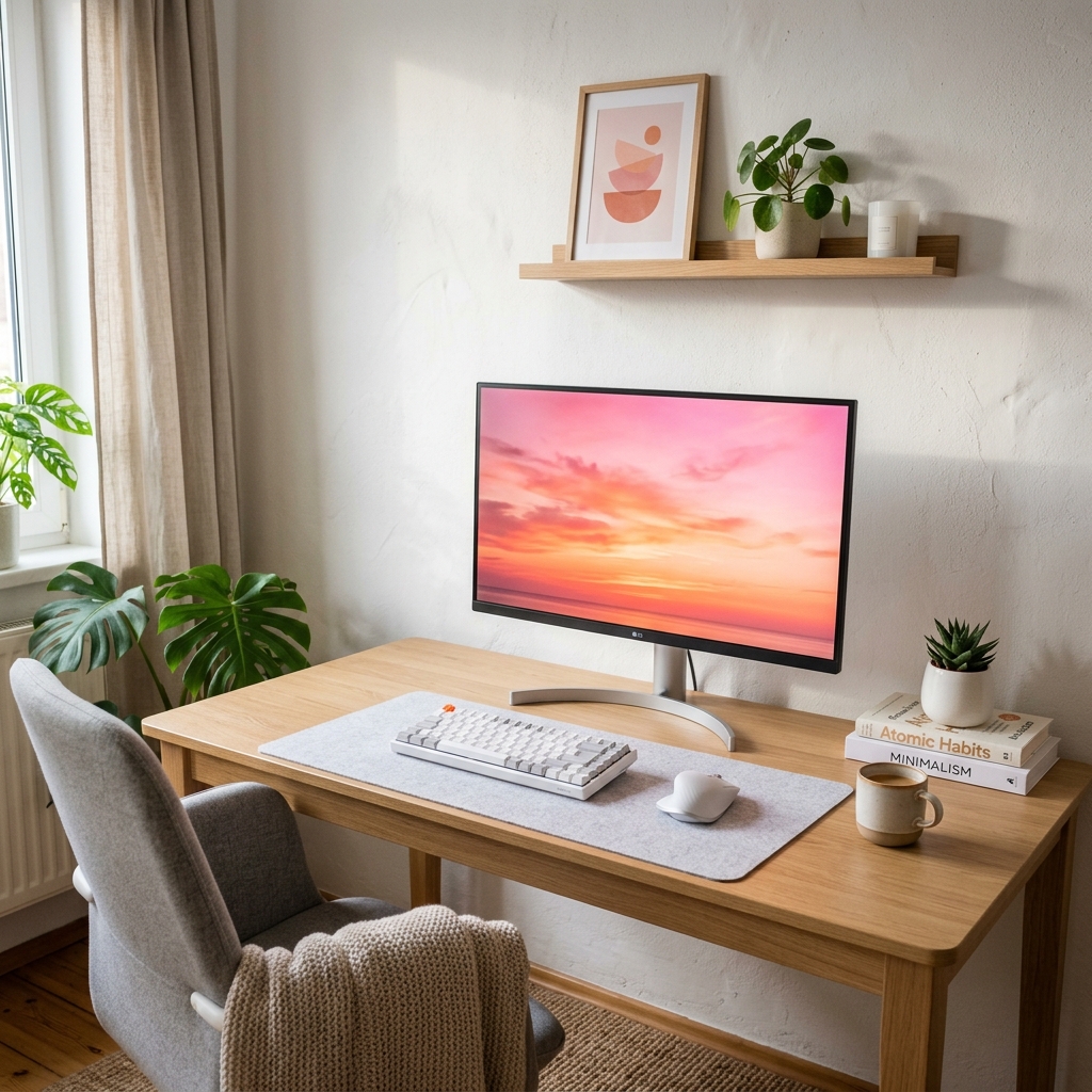 Desktop setup with sunset monitor
