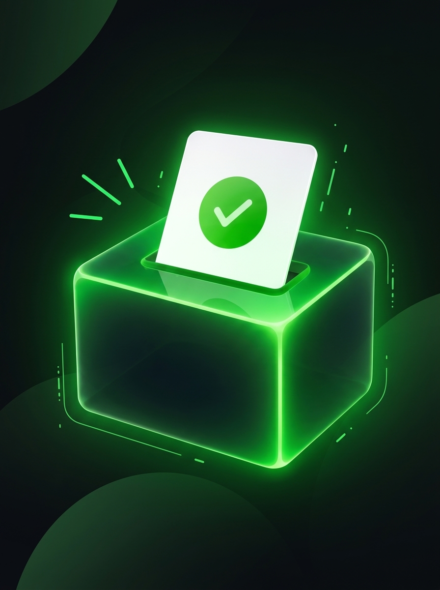 3D glowing green neon translucent ballot box with illuminated checkmark