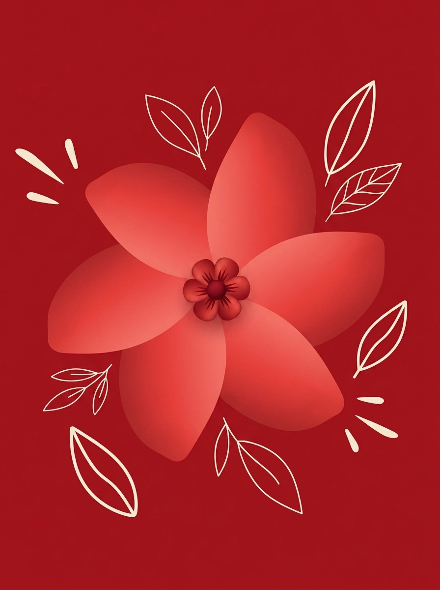 3D red floral artwork with minimalist botanical doodles