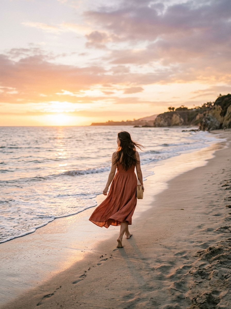 Woman in terracotta dress walking along calm ocean beach