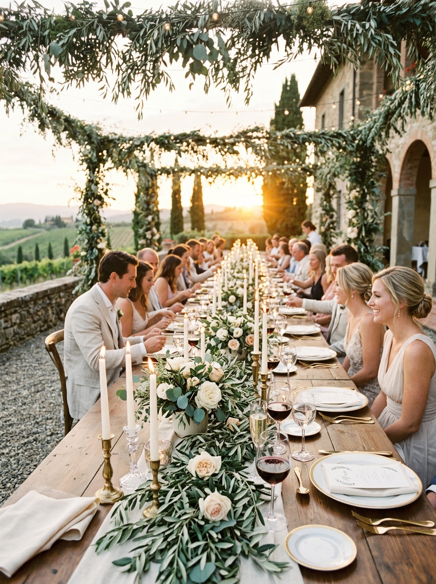 Romantic outdoor Italian villa wedding banquet at golden hour